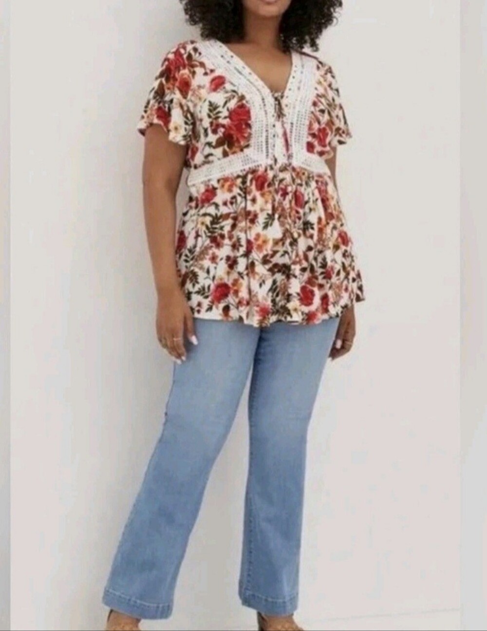 Torrid Babydoll Floral Crochet Lace V-Neckneck Sz.1/14-16 Gauze Blouse